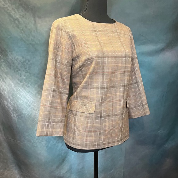 Pendleton Womens 100% Virgin Wool Plaid Top Brown Tan Size 6 3/4 Sleeve Blouse - Picture 3 of 7